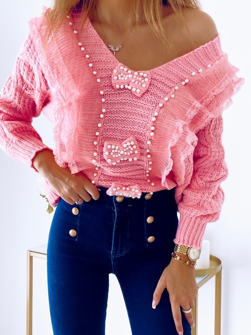 Sweter LIDIA z koronką i perełkami ROSE