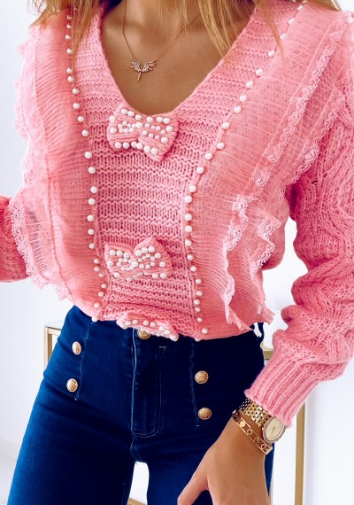 Sweter LIDIA z koronką i perełkami ROSE 1
