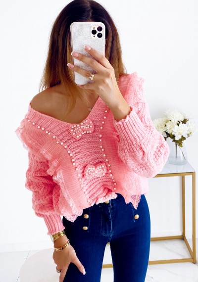 Sweter LIDIA z koronką i perełkami ROSE 10