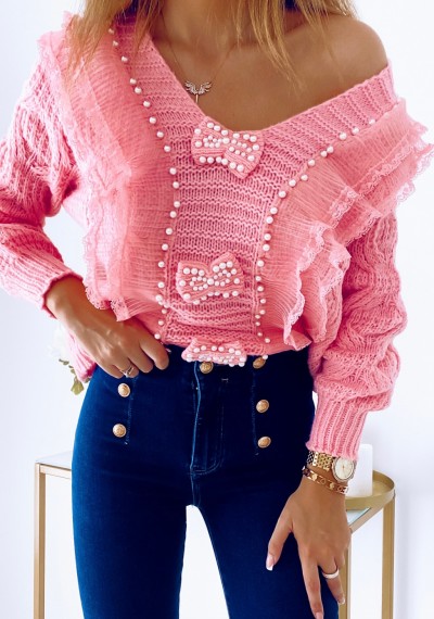 Sweter LIDIA z koronką i perełkami ROSE