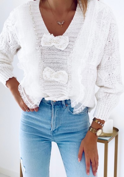 Sweter LIDIA z koronką i perełkami WHITE