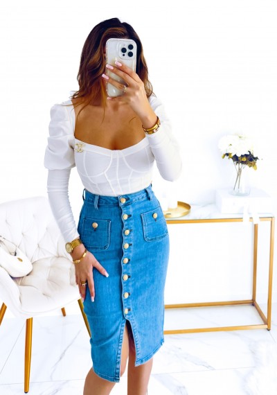 Spódnica LAURA jeansowa niebieska złote guziki 1
