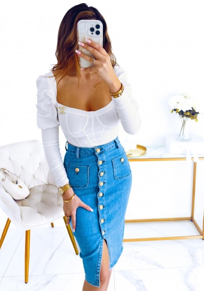Spódnica LAURA jeansowa niebieska złote guziki 3